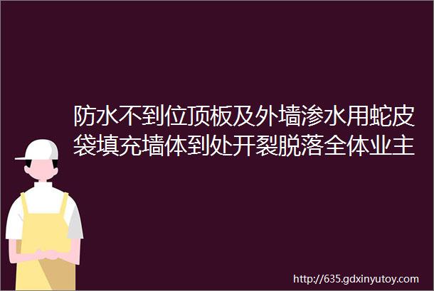 防水不到位顶板及外墙渗水用蛇皮袋填充墙体到处开裂脱落全体业主维权